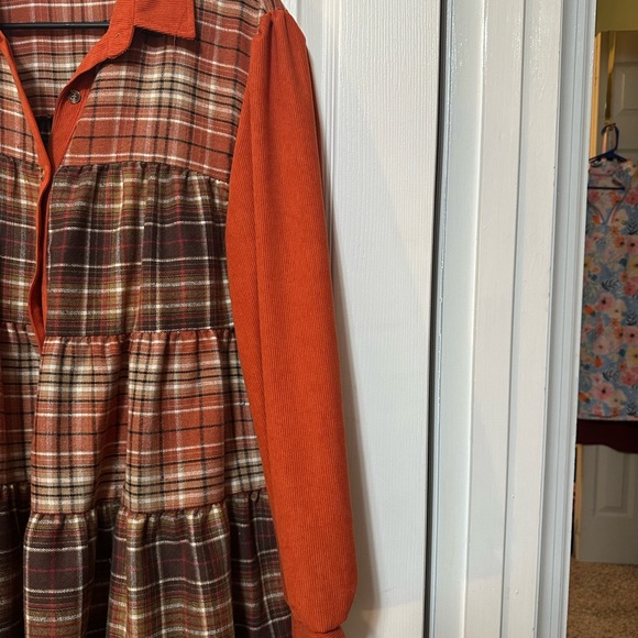 Large No Tags LS Tiered Orange & Brown Plaid Corduroy Mini Dress - Picture 4 of 6